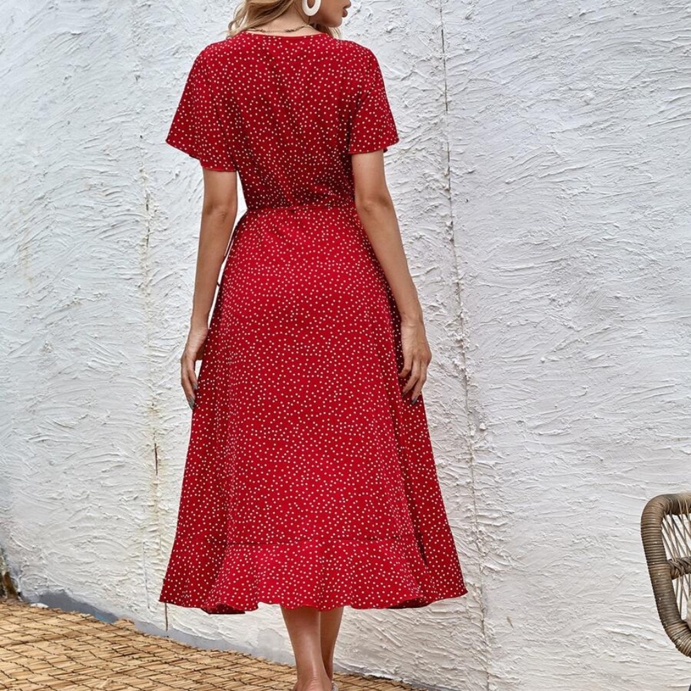 Boho Red Polka Dot Wrap Ruffle Midi Dress - Picture 4 of 5